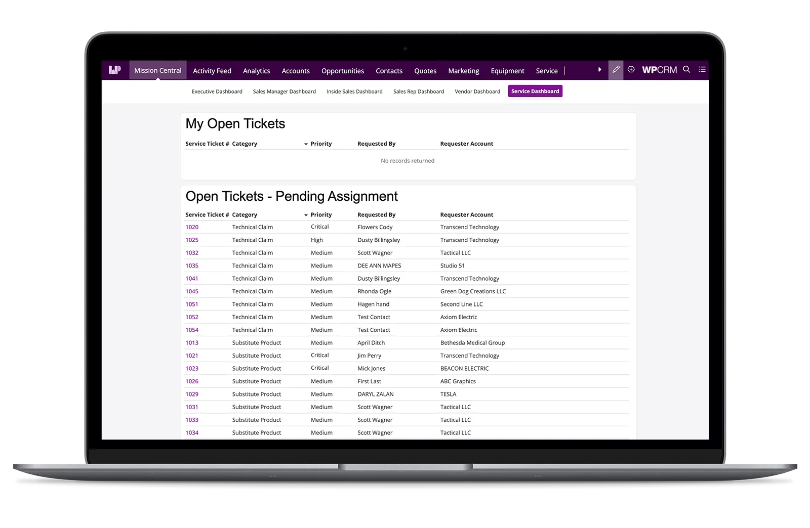 WPCRM Service Ticket dashboard